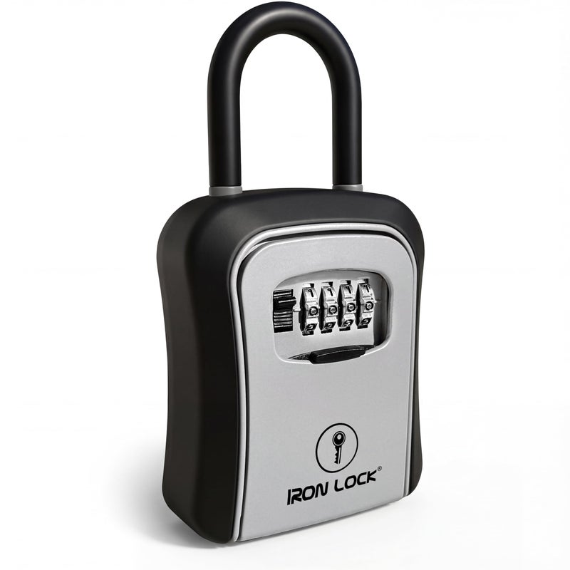 Iron LockÂ® Key Lock Box Portable with U-Shackle & Wall Mount â€“ Medium Waterproof Heavy-Duty Metal Safe with 4-Digit Combination for Spare Keys Outside on Door Knob, Fence or Gate (Grey, Medium) - Image 1